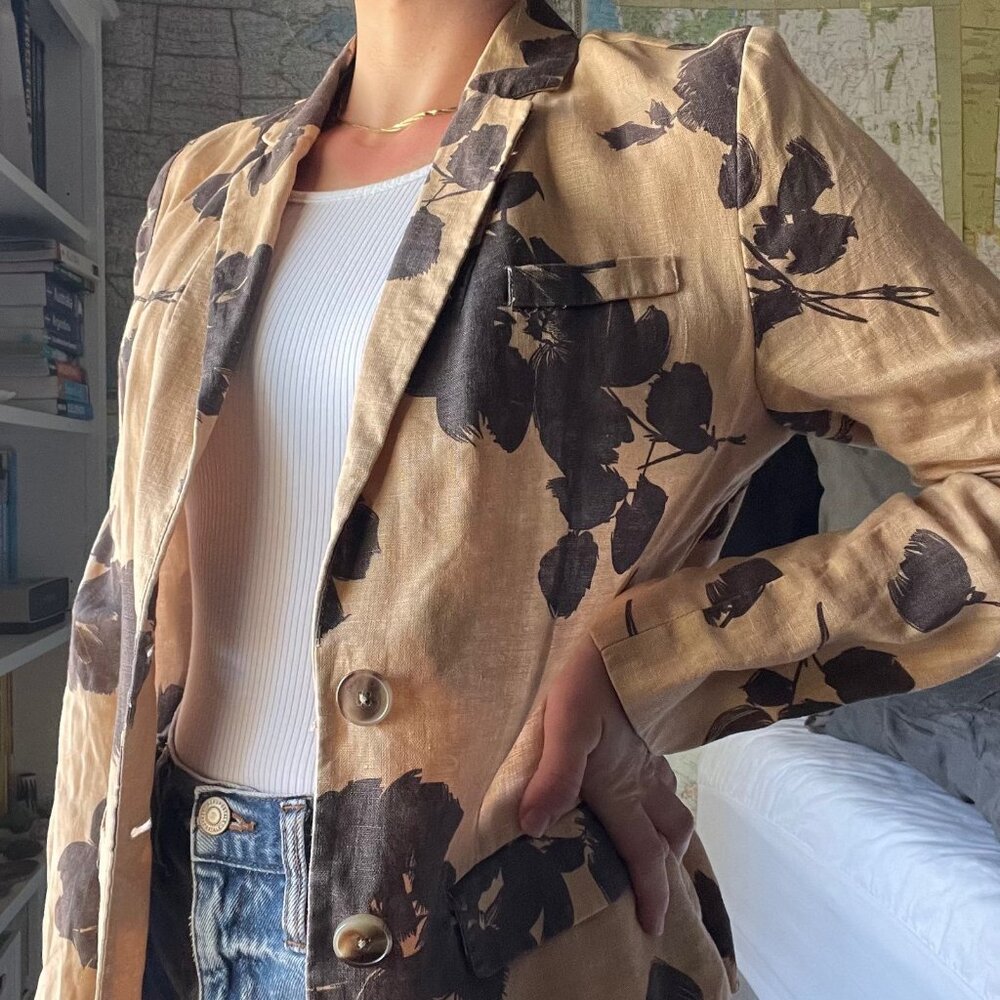 Merona Linen jacket coat tan flowers brown
